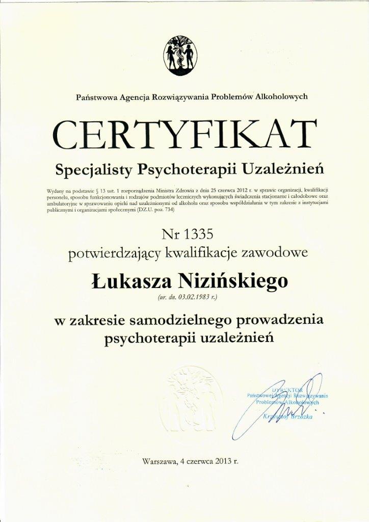 certyfikat psychoterapeuty uzależnień